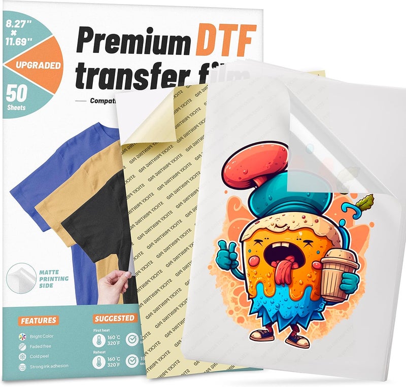 KASYU فيلم نقل DTF، 50 ورقة 8.5"*11" ورق DTF مع وسادة طباعة ذكية لجميع طابعات السوبليماشن وDTF، فيلم DTF لعملية السوبليماشن، فيلم مباشر مطور عالي الجودة لجميع الأقمشة - Image 1